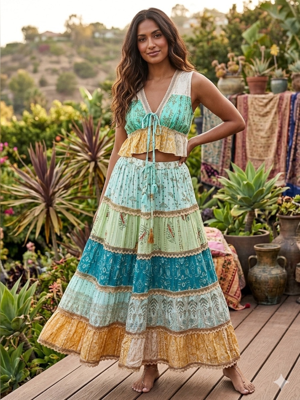 NWT Bohemian Tiered Maxi Skirt and Top Set in Aqua, Mustard & Gold